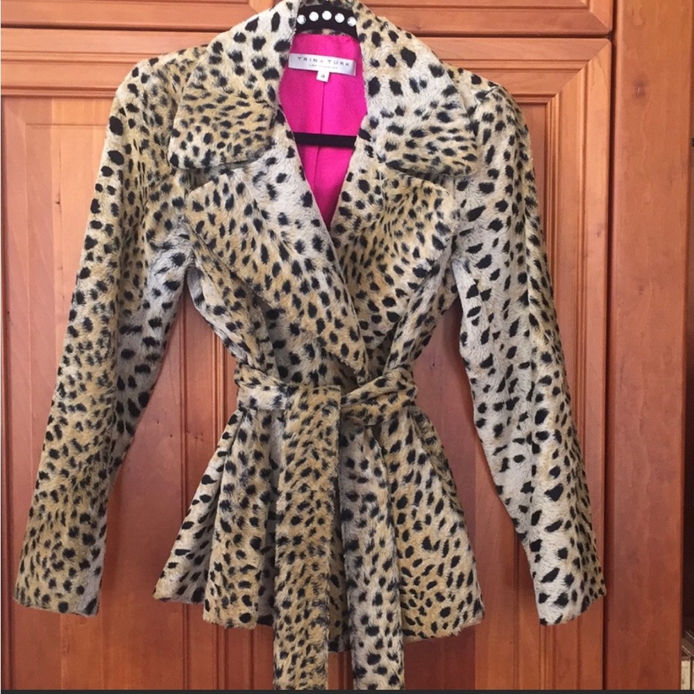 Trina Turk Faux Fur Leopard Print Belted Coat Jacket Size 4